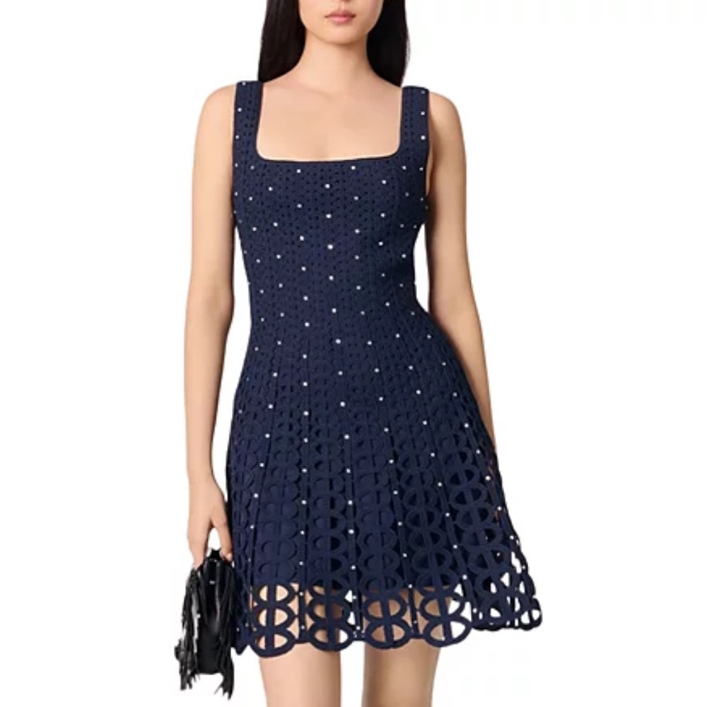 Russelqueen Rhinestone Crochet Short Dress